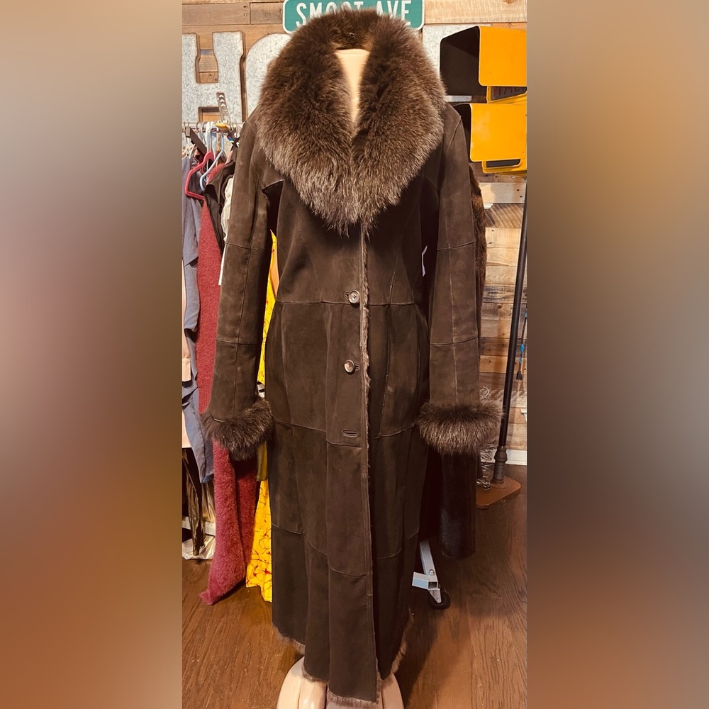Anne Klein Women's Brown Suede Rabbit Fur Lined Coat with Fox Fur Trim